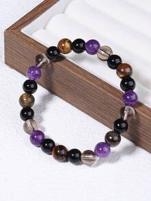 YAUKIA 1条勇气手链，8毫米虎眼石烟晶紫水晶珠手链，冥想灵性疗愈减压饰品礼品 - 彩色 - 查看 2