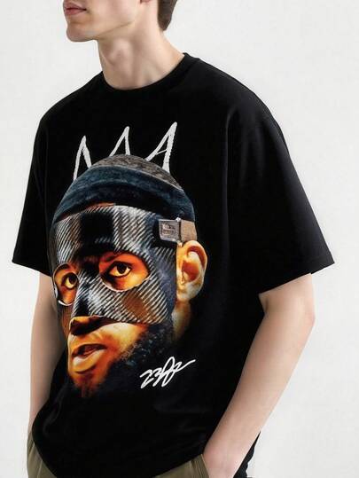 Men's James Mask Basketball Graphic T-Shirt - Black With Crown Design, Soft Comfortable Fabric, Casual Sports Wear, Machine Washable, Perfect Gift For Fans & Collection Value