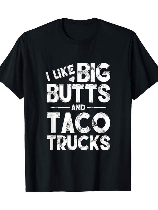 1 Pieza Camiseta Gráfica Divertida para Hombre "Me Gustan los Grandes Traseros y los Camiones de Tacos" - 100% Algodón 180g Top Negro Suave con Impresión Blanca, Regalo Casual Humorístico para Entusiastas de los Camiones de Tacos y Fans de la Comida Mexicana