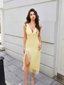 Halouya Women's Elegant Lace Patchwork Zipper High Slit Ruffle Hem Net Splice Wedding Guest Dress, Suitable For Summer Evening Dates And Parties - Yellow - View 4