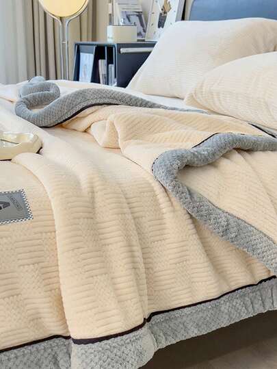 1pc Knitted Fleece Edged Blanket, Vintage Minimalist Style Milk Fleece Fabric Soft Touch, Gray Embossed Edging Craft, Multipurpose Office Nap Blanket, Home Bedroom Bedspread, Living Room Sofa Shawl, Suitable As Christmas Gift For Family And Friends