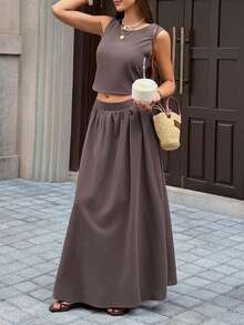 Look Polly Women's Spring Summer 2-Piece Casual Solid Color Hollow Lace Strap Tank Top, Umbrella Bottom Skirt - Coffee Brown - View 9