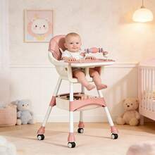 BITORQUATOS 5-In-1 Protable Baby High Chair With Tray, Toy Rack & Storage Basket, Adjustable Feeding Seat With PU Cushion And Wheels (Pink) - Pink - View 8