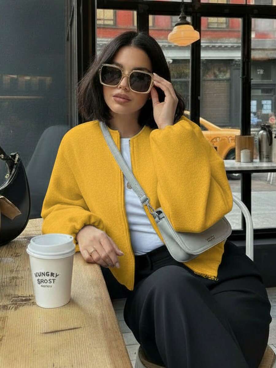 GMFP Women's Spring/Summer Casual Elegant Fashion Loose Soft Solid Color Zipper Casual Long Sleeve Jacket With Pockets, Yellow Bomber Jacket, Suitable For Music Festivals/Wedding Season - Yellow - View 1