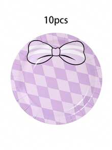 10/20/50pcs,Pink Purple Check Stripe Bow Disposable 7inch Paper Plates,Coquette Bow Dinner Plate,Cute White Striped Bow Print Round Plates,Lavender Argyle Check & Pink Diagonal Stripe Bow Pattern Plate For BabyShower Birthday Party Supplies - Multicolor - View 10