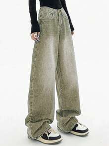 Women's Green Washed Loose Straight Leg Jeans, Retro Casual Street Fashion Versatile - Green - View 4