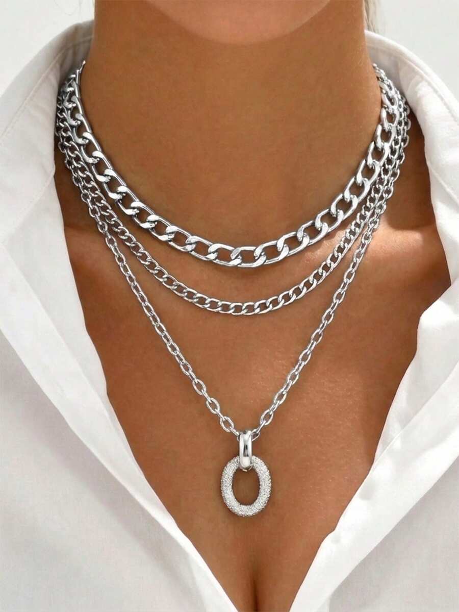 1pc Geometric Oval Pendant With Thick Aluminum Chain Necklace, Women Jewelry Set, Suitable For Daily, Festival, Party Wear, Best Gift Choice - Silver - View 1