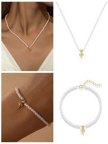 1件珍珠蝴蝶项链手链，925纯银，女士经典浪漫风格，18K镀金，适合日常佩戴、婚礼、派对、订婚、圣诞节等场合，精美珠宝 - 金黃色 - 查看 1