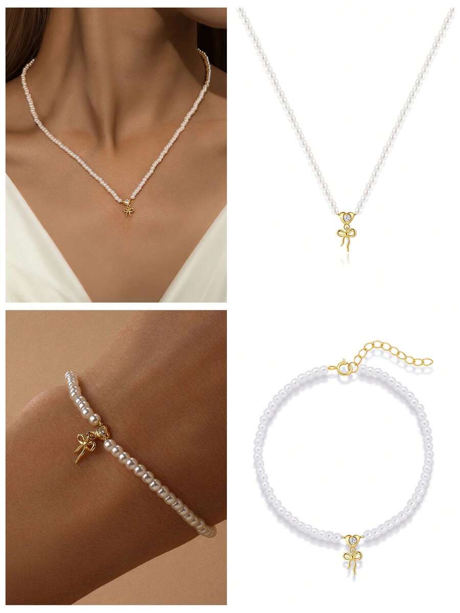 1件珍珠蝴蝶项链手链，925纯银，女士经典浪漫风格，18K镀金，适合日常佩戴、婚礼、派对、订婚、圣诞节等场合，精美珠宝 - 金黃色 - 查看 1