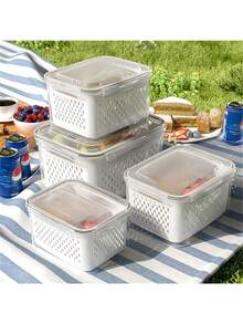 3-In-1 Plastic Food Storage Container Set With Strainer Basket And Lids - Leak-Proof, Fridge-Friendly, Reusable Multi-Purpose Kitchen Storage Boxes, Fruit And Vegetable Crisper, Refrigerator Organizer