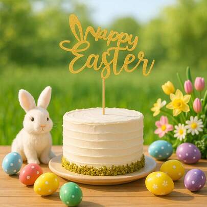 1 st Glad påsk tårtdekoration, glitter guld påskhareägg tårtdekoration för påskfest tårtdekorationer