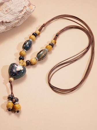 1pc Beach Vacation Style Ceramic Beaded Oval & Heart Pendant Necklace, Personalized Fashion Versatile For Women