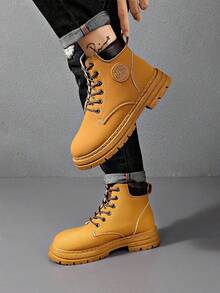 Zapatos de hombre, botines cómodos de hombre, punta redonda con cordones, botines estilo western para hombre. - Caqui - Ver 6