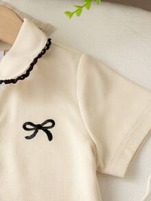 2件套女童休闲蝴蝶印花纽扣领短袖上衣和百褶裙套装，夏季 - 杏色 - 查看 4