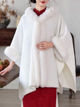 1pc New Bridal Gown Cheongsam Shawl, Women Winter Luxury Faux Fur Cape Knitted Cardigan Coat