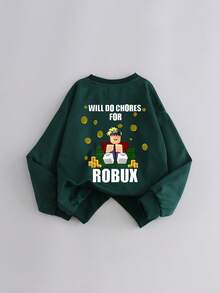 1 男童长袖圆领套头衫，印有趣味文字图案，适合初学者和专业玩家做家务赚取 Robux，提供舒适、时尚、休闲的秋冬款式，适合年轻男孩/青少年男孩/少年男孩。 - 墨綠色 - 查看 2