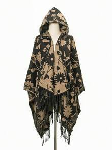 1 件条纹提花流苏连帽披肩，日常穿着 - 彩色 - 查看 16