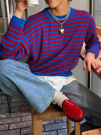 Just Masa Women's New Winter Sweater Red Color Stripe Casual Slouchy Round Neck Long Sleeve Sweater