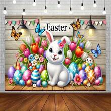 2D Flat, 1pc Easter Bunny Backdrop With Floral Tulips, Pastel Eggs, Butterflies - Rustic Easter Decor For Parties, Photo Booths, Home - No Electricity Required - 1PCS - View 3