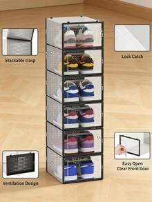 12 Pack XXL Shoe Organizer Storage Rack Clear Plastic Stackable Shoe Boxes For Closet, Space Saving Foldable Shoe Storage Case, Sneaker Storage Shoe Box Container - XXL Black - View 8