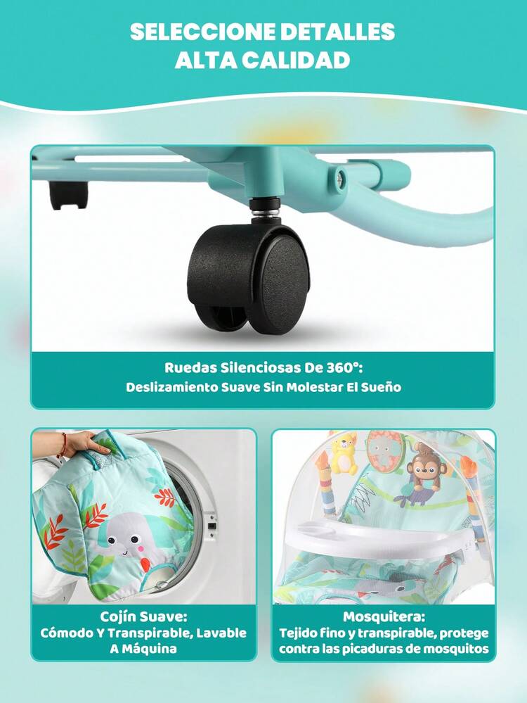 Silla mecedora multifuncional para bebés, con bandeja y ruedas giratorias, respaldo ajustable, con música y función de vibración, equipada con mosquitera, segura y cómoda, adecuada para recién nacidos y niños pequeños - Celeste - Añade 4