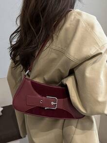 1个PU纯色拉链新月形腋下包，时尚复古单肩包，适合职业女性，多功能结构包 - 紅色 - 查看 7