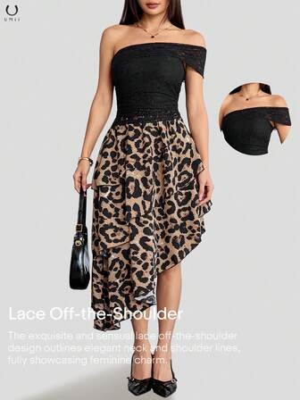 黑色蕾丝不对称领口上衣和豹纹不对称荷叶边半裙两件套，复古性感风格