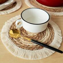 Thick Woven Straw Placemat With Tassel Edges, Round Rattan Woven Trivet Mat For Dining Table - Khaki - View 3