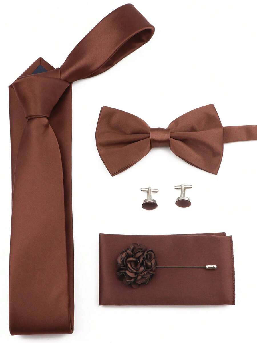 5件套棕色婚礼伴郎领带套装，包括领带、领结、口袋巾、胸花、袖扣，时尚INS风造型 - 棕色 - 查看 1