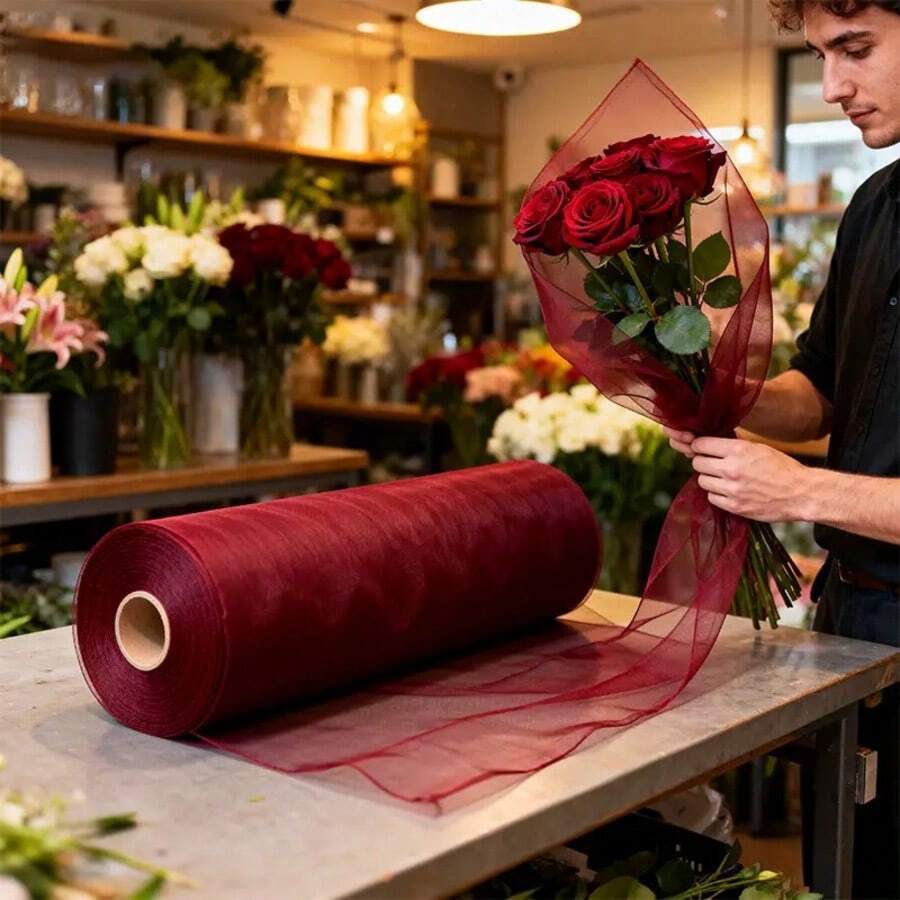 1 Piece, A Romantic And Festive Deep Red Christmas Background Christmas Tree Decoration Pendant. Wine Red Wedding Arch Curtain Ceiling Hanging Gauze, Durable Polyester. It Is Very Suitable For Weddings, Christmas Tree Scarves - Deep Red - View 1