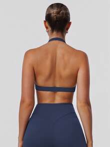 Sodalemon Women's Twist Back Workout Top, V-Neck Padded Solid Color Yoga Casual Sports Bra Spring - 藏蓝色 - 查看 5