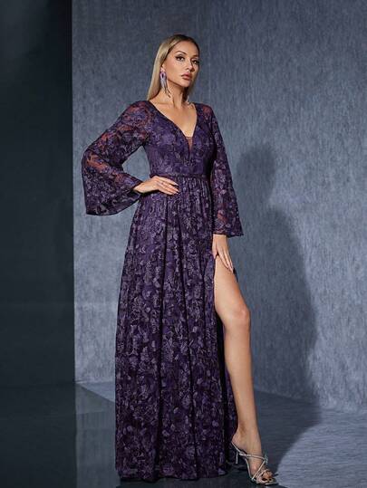 Mgiacy Purple Floral Lace V-Neck Flare Sleeve High Slit Dress, Elegant Ladies Summer Gown Suitable For Balls, Galas, Parties And Holidays