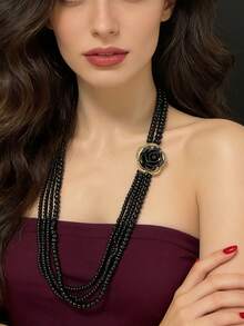 1件多层玻璃珍珠和水钻山茶花长项链，女士时尚毛衣链