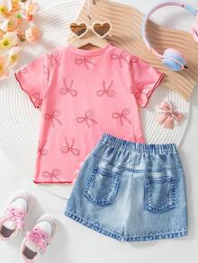 2pcs Girls Casual Butterfly Print Short Sleeve Top And Butterfly Decor Print Shorts Set, Summer - Pink - View 2