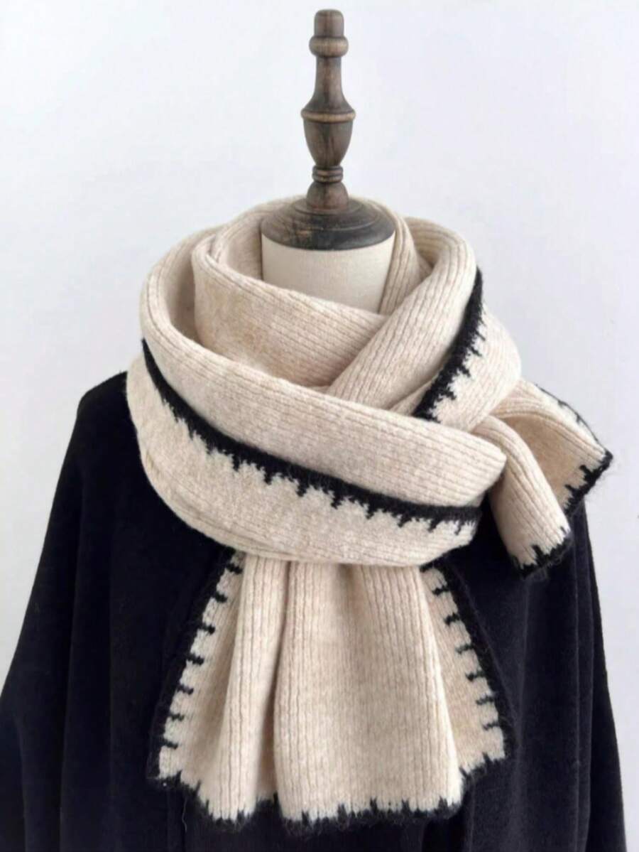 Beige Knitted Scarf, Soft And Warm, Thickened Cashmere Material, Fashionable And Versatile, Suitable For Students, Paired With Dresses In Autumn And Winter - Beige - View 1