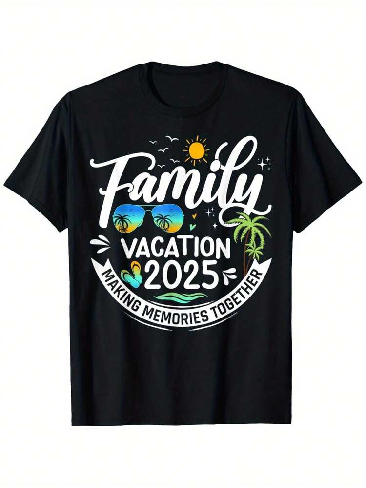 Talla Grande - Camiseta a Juego para Vacaciones Familiares de Mujeres 2025 - Camiseta Negra con Palmeras, Sol y Texto "Haciendo Recuerdos Juntos" - Camisa Casual para Todas las Estaciones para Playa, Viajes, Reuniones Familiares - Conjunto de Vacaciones Diario Elástico Amigable para Tallas Grandes, Ropa de Viaje, Patrón Geométrico, Ajuste Cómodo, Top de Manga Corta, Entusiastas de Viajes - Negro - Añade 7