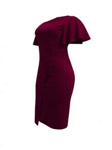 Vestido de verano de mujer de unicolor elegante y ajustado con cuello redondo y manga corta - Burdeos - Ver 6