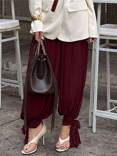 Women's Chiffon Semi-Sheer Drawstring Harem Pants, Loose Fit, Wine Red, Suitable For Dating And Vacation, Spring/Summer