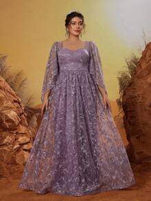 A High-End Evening Dress With A Square Collar, Embroidered Lace, Slanted Flared Sleeves And A Large Swing - Dusty Pink - View 5