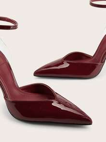 Sexy Buckle Criss-Cross Strap Party Minimalist Chic Commute Sexy Buckle Party Banquet Wine Red Patent Leather Closed Toe Stiletto High Heels - Burgundy - View 4