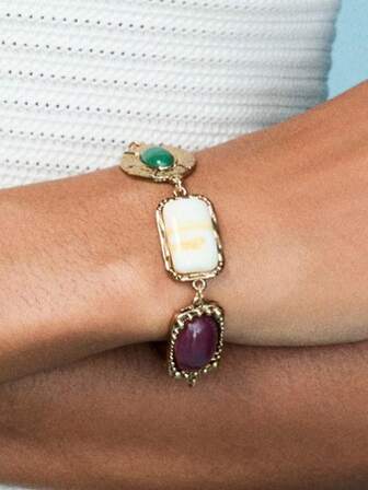 ZAA Colored Resin Bracelet, Zinc Alloy Colored Stone Inlaid Bracelet, A Heavy-Duty Fashion Bracelet, Heavy Industry Fashion Alloy Women's Bracelet, Heart Exaggerated And Atmospheric Metal Women's Hand Jewelry, Exquisite And Elegant Ladies' Bracelets, Ladies' Jewelry, Bracelets For Women,Gifts For Women