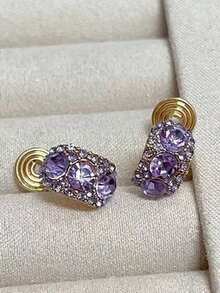 1 Pair Vintage Colorful Rhinestone C-Shaped Clip-On Earrings For Women, No Piercing Needed, Elegant Design For Autumn/Winter - Clip - View 7