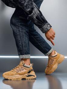 Brown Sneakers, Men's Casual Sneakers, New Fashionable Sneakers, Comfortable, Versatile Thick-Soled Heightening Sneakers Mid Top Lace Up Men's Hiking Shoes - Yellow - View 5