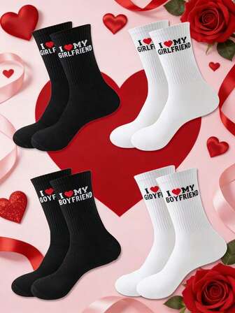4 Pairs Women's Valentine's Day Series Heart & Letter Design Breathable Mid-Calf Socks