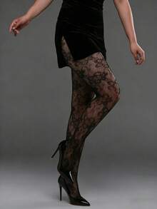 1pc Women's Jacquard Fishnet Stockings, Vintage French Floral Rose Bouquet Patterned Hollow Out Sexy Black Fishnet Tights - Black - View 2