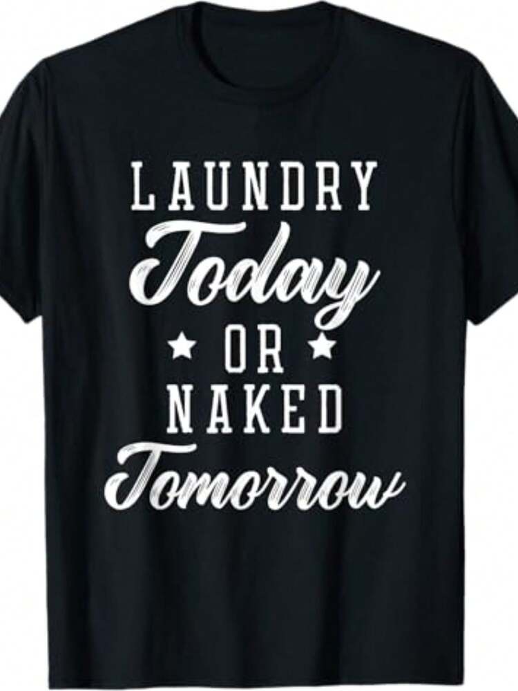 Camiseta gráfica divertida 'Día de la Lavandería', camiseta casual de cuello redondo para todas las estaciones - Negro - Añade 8