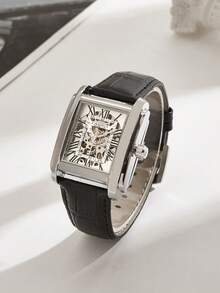 CASIRUI 1pc Automatic Mechanical Square Men's Wrist Watch, Fashion Classic Hollow Dial, Business Gift