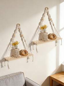 Bộ 1/2 kệ treo tường đan bằng hạt gỗ, giá đỡ chậu cây treo tường bằng dây thừng gỗ sáng màu, giá treo cây phong cách Boho Farmhouse, thích hợp cho phòng khách, phòng ngủ trong nhà, kệ lưu trữ treo tường phong cách Bohemian hiện đại, kệ treo tường đan bằng hạt gỗ đa chức năng, giá treo trang trí nhà cửa tối giản thanh lịch, giá trưng bày trang trí nhà cửa thời trang. - Nhiều màu - Xem 6