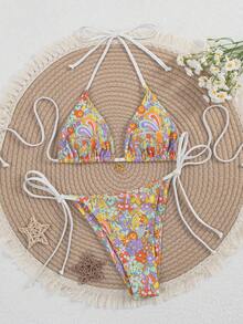 wohenmeili Bộ bikini hở lưng thắt nút họa tiết hoa gợi cảm dành cho nữ, phong cách nghỉ dưỡng trên bãi biển - Nhiều màu - Xem 10