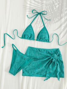 PEPPERMOLLY 2026 SS Women 3-Piece Mesh Bikini Set, Trimmed Top+Low Shorts+Wrap Skirt, Gold Chest Ring, Retro Style, For Beach & Pool. Vacation Summer - Blue-green - View 7